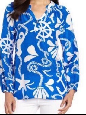 Lilly Pulitzer Elsa Silk Blue White Nautical Print Top Blouse L